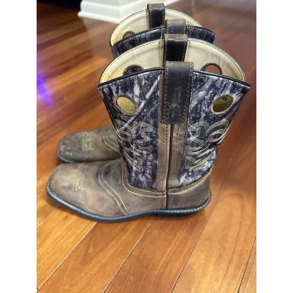 Smoky Mountain Boots Youth Boys Pawnee Brown/Camo Leather Square Toe Size 7 EUC